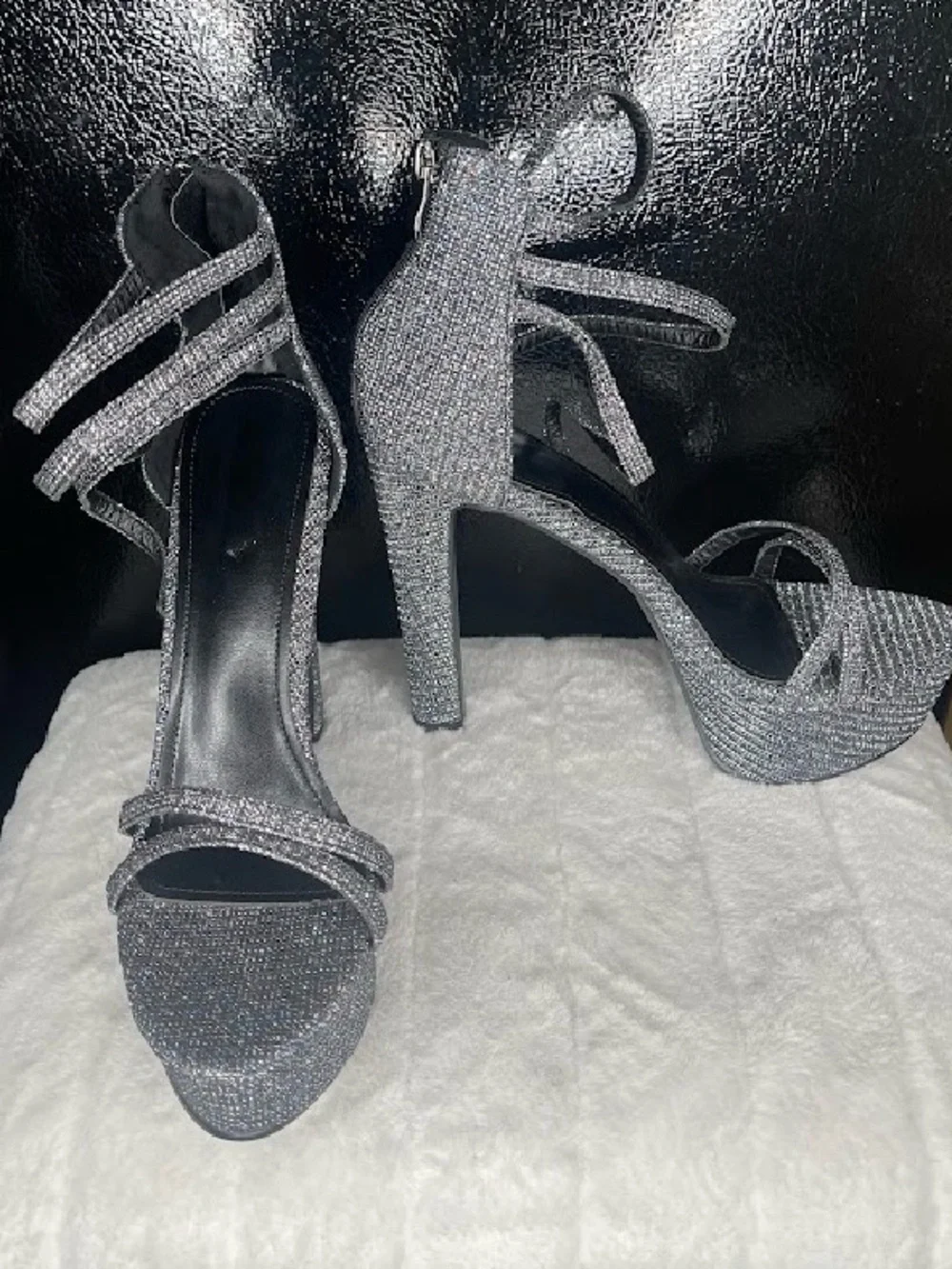 Women's Sparkle Platform Ankle-Tie Heels - Silver